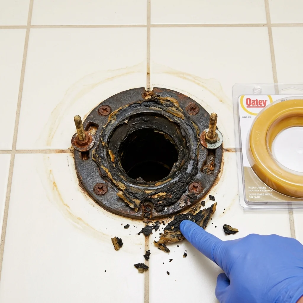 Failed wax ring showing water seepage at the base of a toilet in a Emerald Isle, NC home