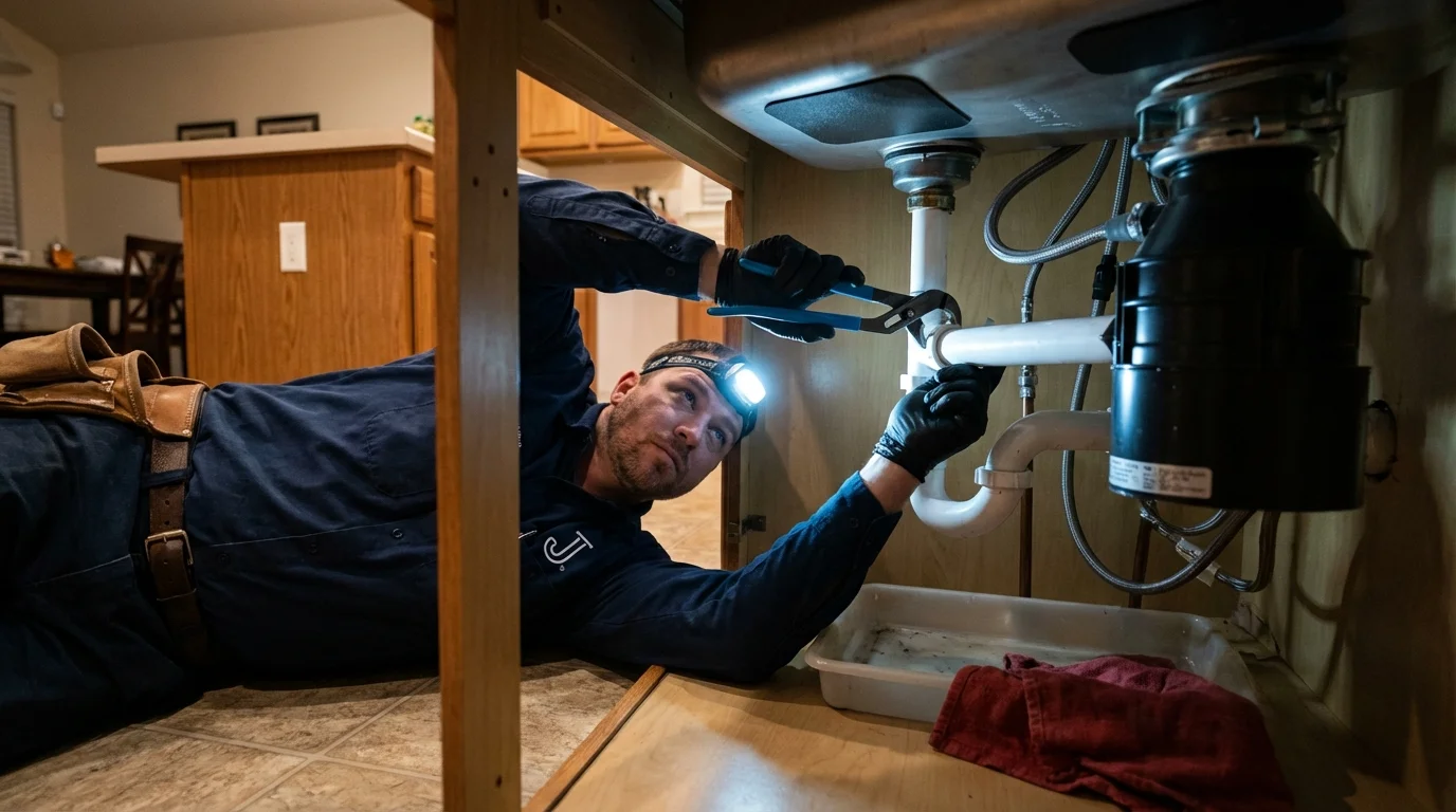 P-trap and supply line connections under a kitchen sink showing a common leak point in Emerald Isle, NC